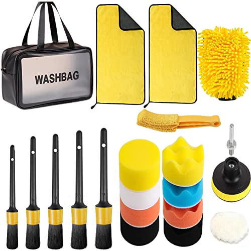 MVEQRRN 21pcs Car Cleaning Kit, Car Detailing Brush Set,Car Wash Kit for Interior and Exterior, Car Care Kit All Cleaning Suppliess Set Detailing with Microfiber Towels,Buffing Sponge Pads Kit