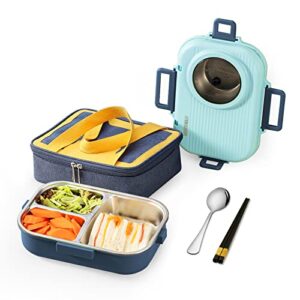 vandhome bento lunch box stainless steel with utennsil & bag - 3 compartment 37oz compact lunch containers, bpa-free, dishwasher freezer safe - blue