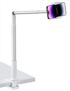 viozon phone holder, flexible long arm,overhead mount,360° angle adjustable,aluminum alloy, c clamp for headboard bedside&table&desk,compatible with 3.5"-6.7" phone,iphone 14 plus/pro max w