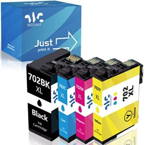 weemay remanufactured 702xl ink cartridge for epson printer replacement for epson 702 702xl ink cartridge combo pack for epson workforce pro wf-3720 wf-3730 wf-3733 printer(black cyan magenta yellow)