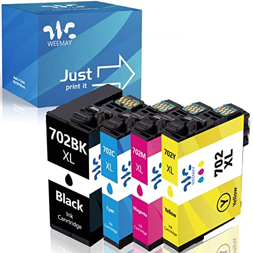 Weemay Remanufactured 702XL Ink Cartridge for Epson Printer Replacement for Epson 702 702XL Ink Cartridge Combo Pack for Epson Workforce Pro WF-3720 WF-3730 WF-3733 Printer(Black Cyan Magenta Yellow)