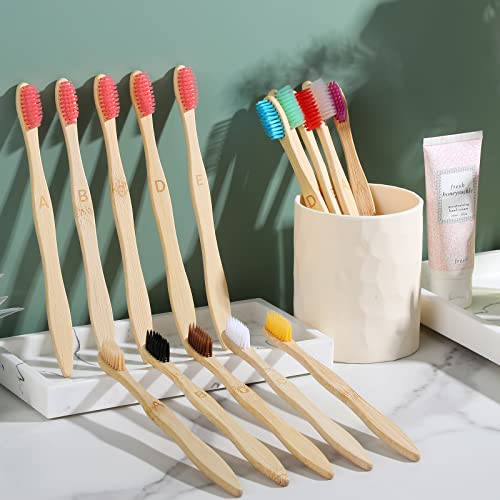 120 Pcs Bamboo Toothbrushes Bulk Soft Bristle Toothbrush Wooden Disposable Travel Toothbrush Bamboo Charcoal Individually Wrapped Toothbrush for Kid Adult Home Travel Use, 7.5 Inch, 12 Colors (Letter)