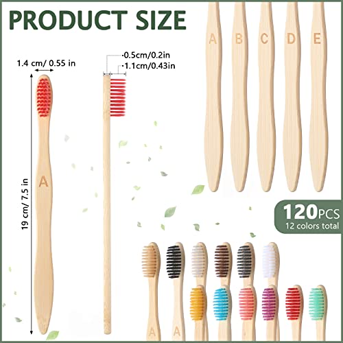 120 Pcs Bamboo Toothbrushes Bulk Soft Bristle Toothbrush Wooden Disposable Travel Toothbrush Bamboo Charcoal Individually Wrapped Toothbrush for Kid Adult Home Travel Use, 7.5 Inch, 12 Colors (Letter)