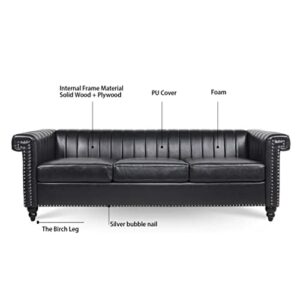 NITYASUNDARA Large Couch,Chesterfield Sofa， 3 Seater Sofa for Living Room，Square handrail Vertical Stripe Sofa Couch，Faux Leather Couch. (Black Sofa)