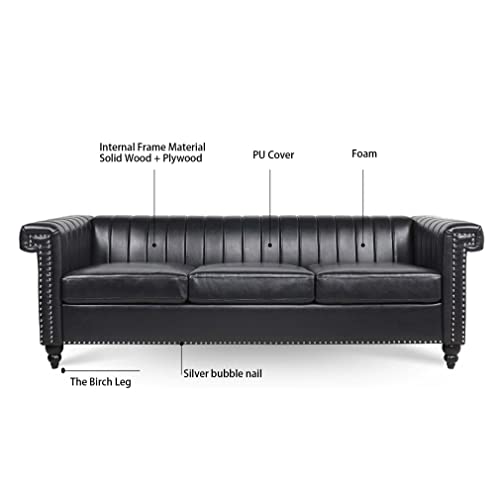 NITYASUNDARA Large Couch,Chesterfield Sofa， 3 Seater Sofa for Living Room，Square handrail Vertical Stripe Sofa Couch，Faux Leather Couch. (Black Sofa)