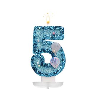 2.8inch birthday number candle, shell sequins number candles blue glitter number candle cake numeral candles for birthday anniversary mermaid themed party (number 5)