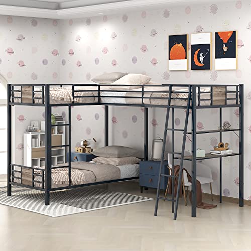 Merax Metal L-Shaped Twin Over Twin Bunk Bed with a Twin-Size Loft Bed Attached, Triple Bunk Bed with Desk and Shelf for Teens, Adults, Black and Brown Wood