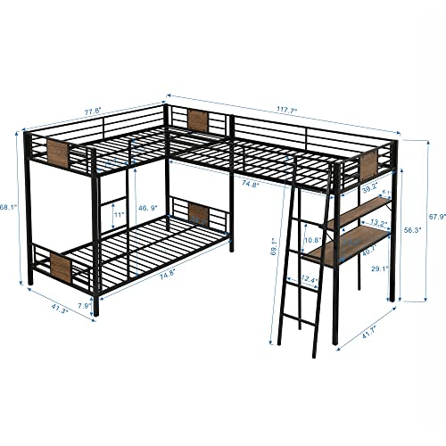 Merax Metal L-Shaped Twin Over Twin Bunk Bed with a Twin-Size Loft Bed Attached, Triple Bunk Bed with Desk and Shelf for Teens, Adults, Black and Brown Wood