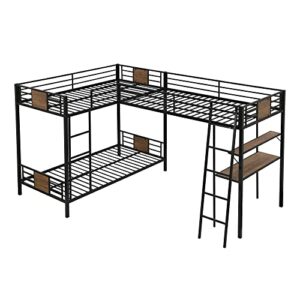 Merax Metal L-Shaped Twin Over Twin Bunk Bed with a Twin-Size Loft Bed Attached, Triple Bunk Bed with Desk and Shelf for Teens, Adults, Black and Brown Wood