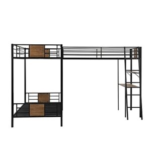 Merax Metal L-Shaped Twin Over Twin Bunk Bed with a Twin-Size Loft Bed Attached, Triple Bunk Bed with Desk and Shelf for Teens, Adults, Black and Brown Wood