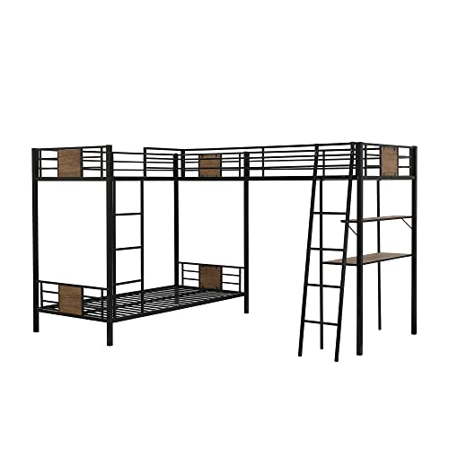 Merax Metal L-Shaped Twin Over Twin Bunk Bed with a Twin-Size Loft Bed Attached, Triple Bunk Bed with Desk and Shelf for Teens, Adults, Black and Brown Wood