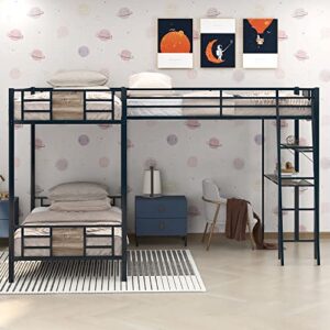 Merax Metal L-Shaped Twin Over Twin Bunk Bed with a Twin-Size Loft Bed Attached, Triple Bunk Bed with Desk and Shelf for Teens, Adults, Black and Brown Wood
