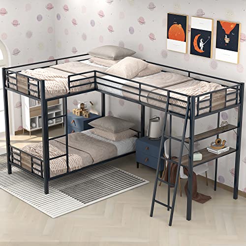 Merax Metal L-Shaped Twin Over Twin Bunk Bed with a Twin-Size Loft Bed Attached, Triple Bunk Bed with Desk and Shelf for Teens, Adults, Black and Brown Wood