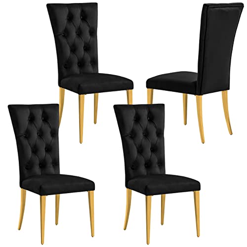 AZhome Dining Chairs Set of 4, Black Velvet Upholstered Dining Room Chairs with Button Tufted, Gold Stainless Steel Legs