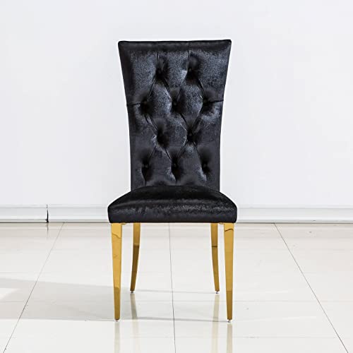 AZhome Dining Chairs Set of 4, Black Velvet Upholstered Dining Room Chairs with Button Tufted, Gold Stainless Steel Legs