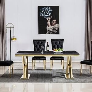 AZhome Dining Chairs Set of 4, Black Velvet Upholstered Dining Room Chairs with Button Tufted, Gold Stainless Steel Legs