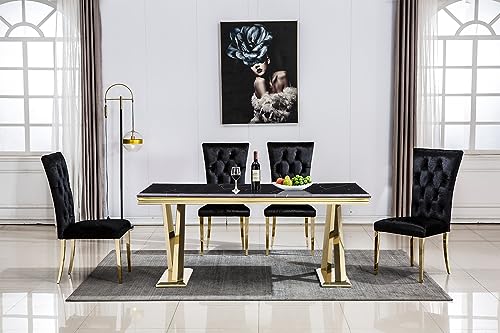 AZhome Dining Chairs Set of 4, Black Velvet Upholstered Dining Room Chairs with Button Tufted, Gold Stainless Steel Legs