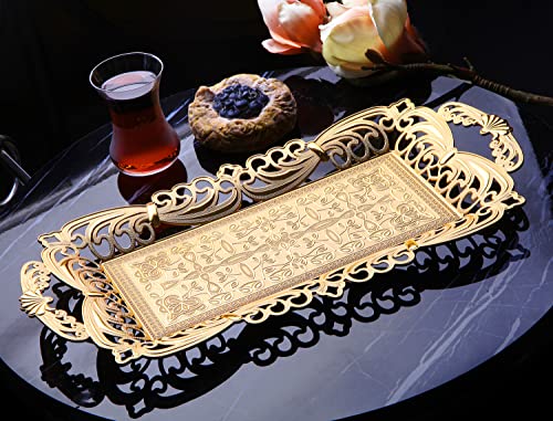 Turkish Tea Coffee Serving Tray with Handles Ottoman Decorative (Gold)