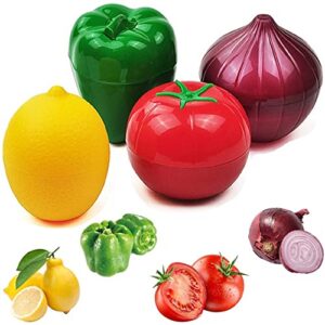 onion, tomato, lemon, green pepper 4 pcs fruit and vegetable shaped food saver storage，reusable siliconerefrigerator box storage bowls saver holder keeper