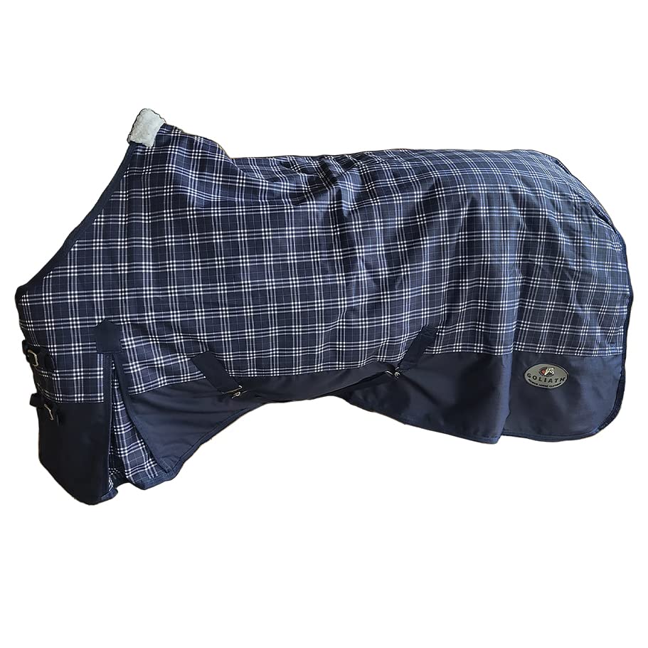 Goliath 1200D, 300gm Pony Turnout | Windproof, Waterproof & Breathable Turnout for Horse | Double Front Closures with Quick Snap Velcro Assists & Buckle | Navy Check, 63"