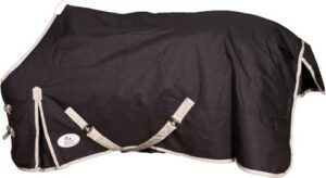 rugged wear pony 600d, 200gm turnout | windproof, waterproof & breathable turnout for horse | double front closures with quick snap velcro assists & buckle | black, 54"