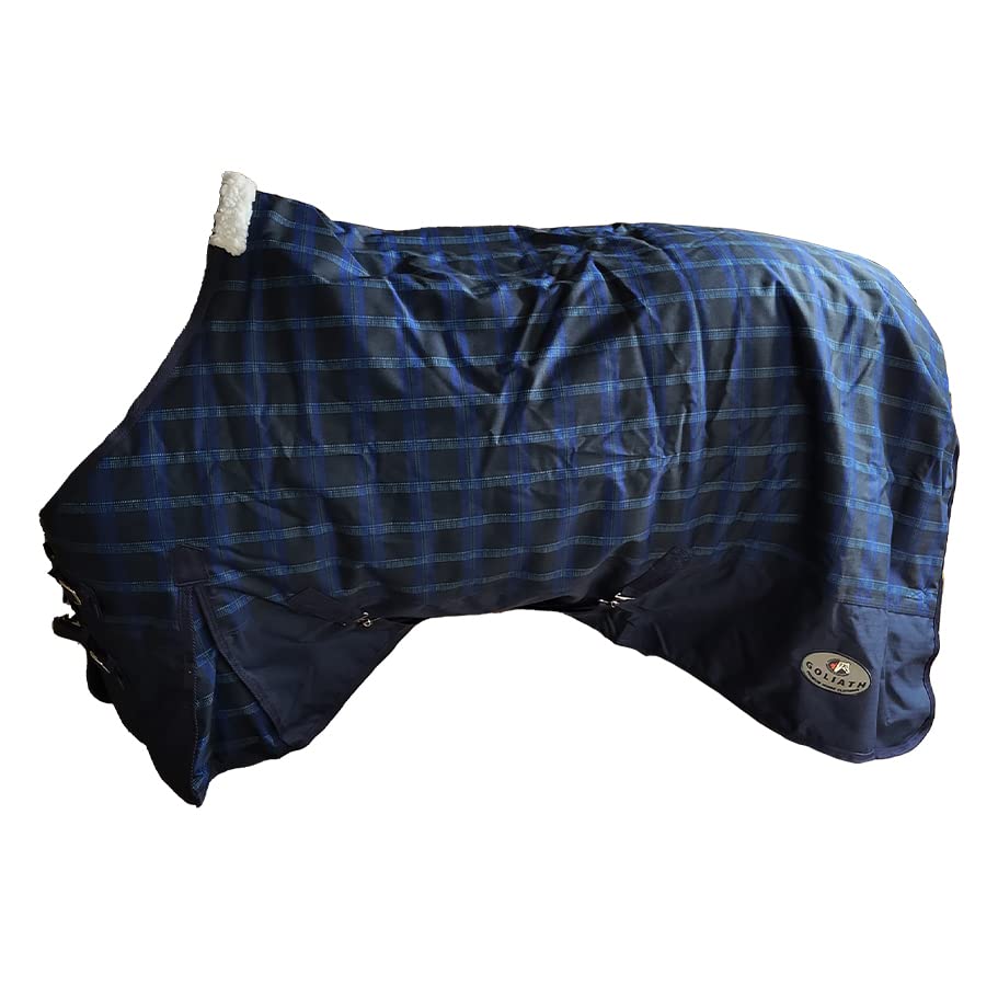 Goliath 1200D, 300gm Turnout | Windproof, Waterproof & Breathable Turnout for Horse | Double Front Closures with Quick Snap Velcro Assists & Buckle | Navy Check, 84"