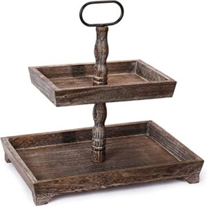 rustic wooden two tiered tray farmhouse - brown wood rectangular fruit and cake stand - versatile tiered stand for serving and decor