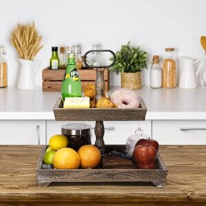 Rustic Wooden Two Tiered Tray Farmhouse - Brown Wood Rectangular Fruit and Cake Stand - Versatile Tiered Stand for Serving and Decor