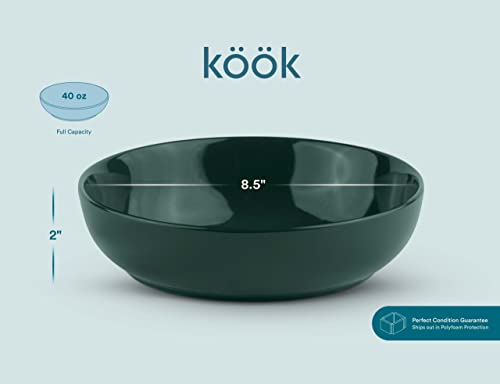 KooK Porcelain Pasta Bowl Set, For Soups and Salads, Serving Bowls, Large Capacity, Microwave & Dishwasher Safe, Set of 4, 40 oz (Hunter Green)