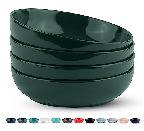 KooK Porcelain Pasta Bowl Set, For Soups and Salads, Serving Bowls, Large Capacity, Microwave & Dishwasher Safe, Set of 4, 40 oz (Hunter Green)