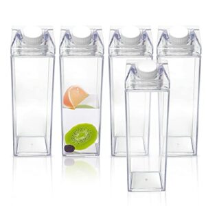 dynastyedition-5pack clear acrylic bpa free milk cartonbottles-500ml. reusable leakproof creative & portable transparent square shaped top for fun outdoor sports travel camping and school activities.