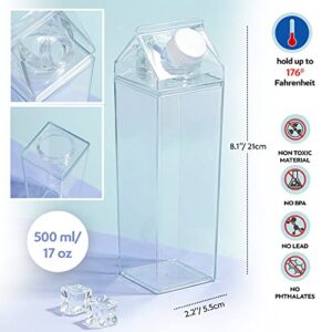 DynastyEdition-5Pack Clear Acrylic BPA free Milk CartonBottles-500ML. Reusable Leakproof Creative & Portable Transparent Square Shaped Top for Fun Outdoor Sports Travel Camping and School Activities.
