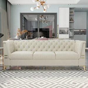 kevinplus velvet chesterfield sofa couch for living room, modern tufted 3-seat upholstered sofa couch for apartment bedroom dorm office studio, gold metal legs, beige