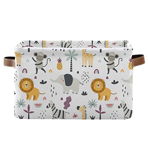 Storage Bin Basket 1 pcs Large Foldable Clothes Bag Collapsible Fabric Laundry Hamper Folding Washing Bin (Rectangle-Elephant Zebra Lion Monkey Animal)