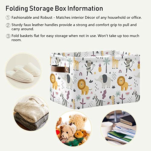 Storage Bin Basket 1 pcs Large Foldable Clothes Bag Collapsible Fabric Laundry Hamper Folding Washing Bin (Rectangle-Elephant Zebra Lion Monkey Animal)