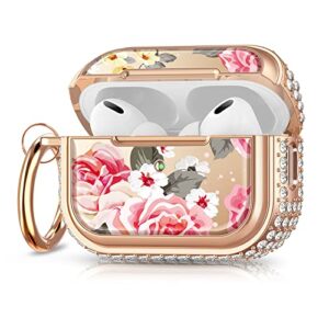 v-moro for airpods pro 2nd generation case, glitter full protective apple airpod pro 2 case cover with kaychain for women, flower diamond ipod pro 2022 wireless charging case girls-pink rose