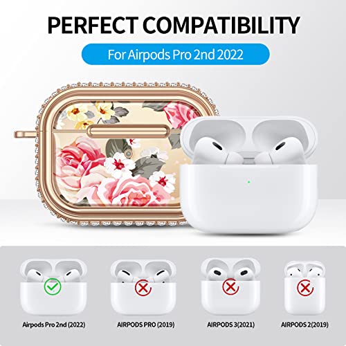 V-MORO for Airpods Pro 2nd Generation Case, Glitter Full Protective Apple Airpod pro 2 Case Cover with Kaychain for Women, Flower Diamond iPod Pro 2022 Wireless Charging Case Girls-Pink Rose