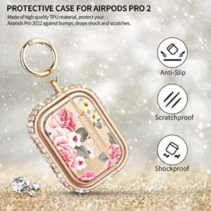 V-MORO for Airpods Pro 2nd Generation Case, Glitter Full Protective Apple Airpod pro 2 Case Cover with Kaychain for Women, Flower Diamond iPod Pro 2022 Wireless Charging Case Girls-Pink Rose