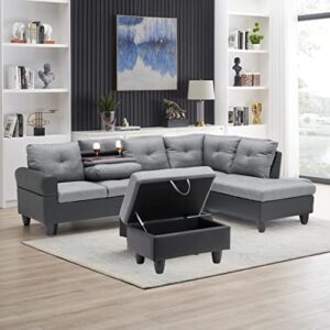 emkk modern sectional sofa set with left chaise lounge upholstered corner l shaped sofá living room couch w/cup holder, arm nail for home/office, gray leftchaise