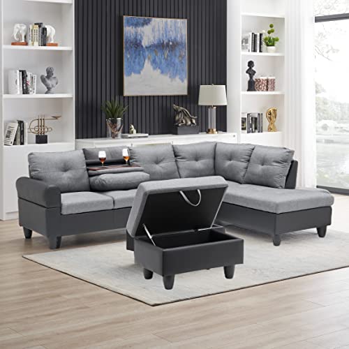 EMKK Modern Sectional Sofa Set with Left Chaise Lounge Upholstered Corner L Shaped Sofá Living Room Couch w/Cup Holder, Arm Nail for Home/Office, Gray LeftChaise