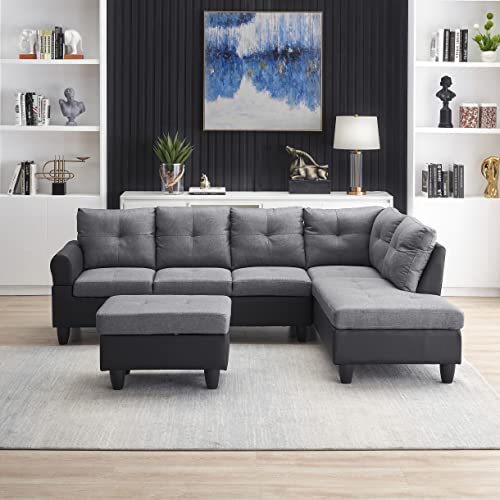 EMKK Modern Sectional Sofa Set with Left Chaise Lounge Upholstered Corner L Shaped Sofá Living Room Couch w/Cup Holder, Arm Nail for Home/Office, Gray LeftChaise