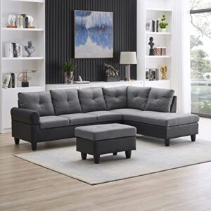 EMKK Modern Sectional Sofa Set with Left Chaise Lounge Upholstered Corner L Shaped Sofá Living Room Couch w/Cup Holder, Arm Nail for Home/Office, Gray LeftChaise