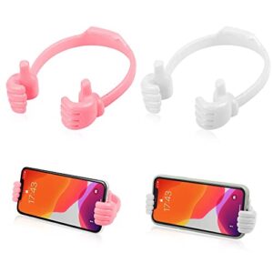 LucyPhy 2 Pack Thumbs up Cell Phone Holder, Adjustable Silicone Tablet Stand, Multi Colors Portable Desktop OK Stands Compatible for Smart Phones iPhone iPad Mini Huawei Samsung (White and Pink)