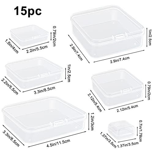 15Pcs Small Clear Plastic Storage Containers with Lids, Empty Mini Plastic Rectangular Storage Box, Beads Storage Box with Hinged Lid for Craft Projects, Jewelry, Tools, Hardware, Small Items, Mix Siz