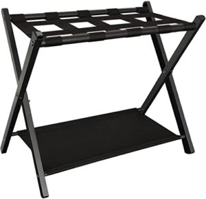 queension folding luggage rack stand with shelf for guest room, foldable metal suitcase storage caddy holder for bedroom hotel essentials, black, 1pack