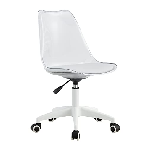 Acrylic Clear Desk Chair Rolling Office Chair with Cushion Armless Swivel Vanity Chairs Plastic Adjustable Height Home Office Desk Chairs with Wheels Modern Ghost Chair for Adult,(White)