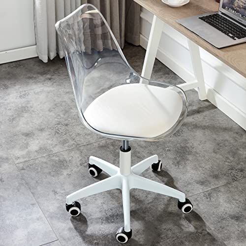 Acrylic Clear Desk Chair Rolling Office Chair with Cushion Armless Swivel Vanity Chairs Plastic Adjustable Height Home Office Desk Chairs with Wheels Modern Ghost Chair for Adult,(White)