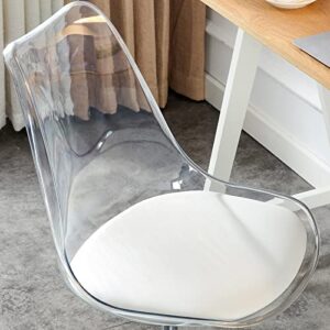 Acrylic Clear Desk Chair Rolling Office Chair with Cushion Armless Swivel Vanity Chairs Plastic Adjustable Height Home Office Desk Chairs with Wheels Modern Ghost Chair for Adult,(White)