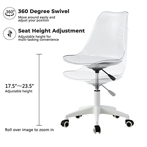 Acrylic Clear Desk Chair Rolling Office Chair with Cushion Armless Swivel Vanity Chairs Plastic Adjustable Height Home Office Desk Chairs with Wheels Modern Ghost Chair for Adult,(White)