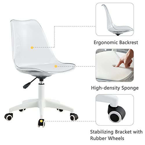 Acrylic Clear Desk Chair Rolling Office Chair with Cushion Armless Swivel Vanity Chairs Plastic Adjustable Height Home Office Desk Chairs with Wheels Modern Ghost Chair for Adult,(White)